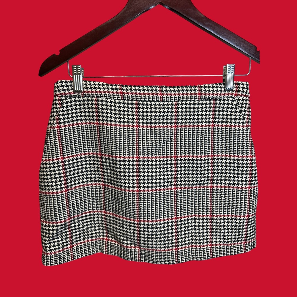 Forever 21 Skirt Women M Black Houndstooth Plaid Wool Blend Mini Preppy Academic
